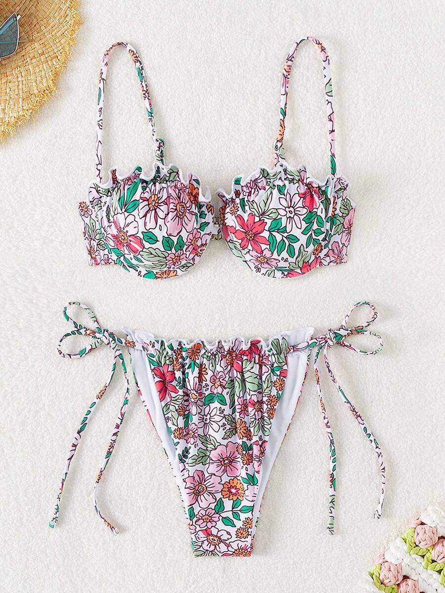 SHEIN Swim Random Floral Print Ruffle Trimmed Bikini Set With Knot Detailing And Side Ties New Year Summer - Multicolor - View 1