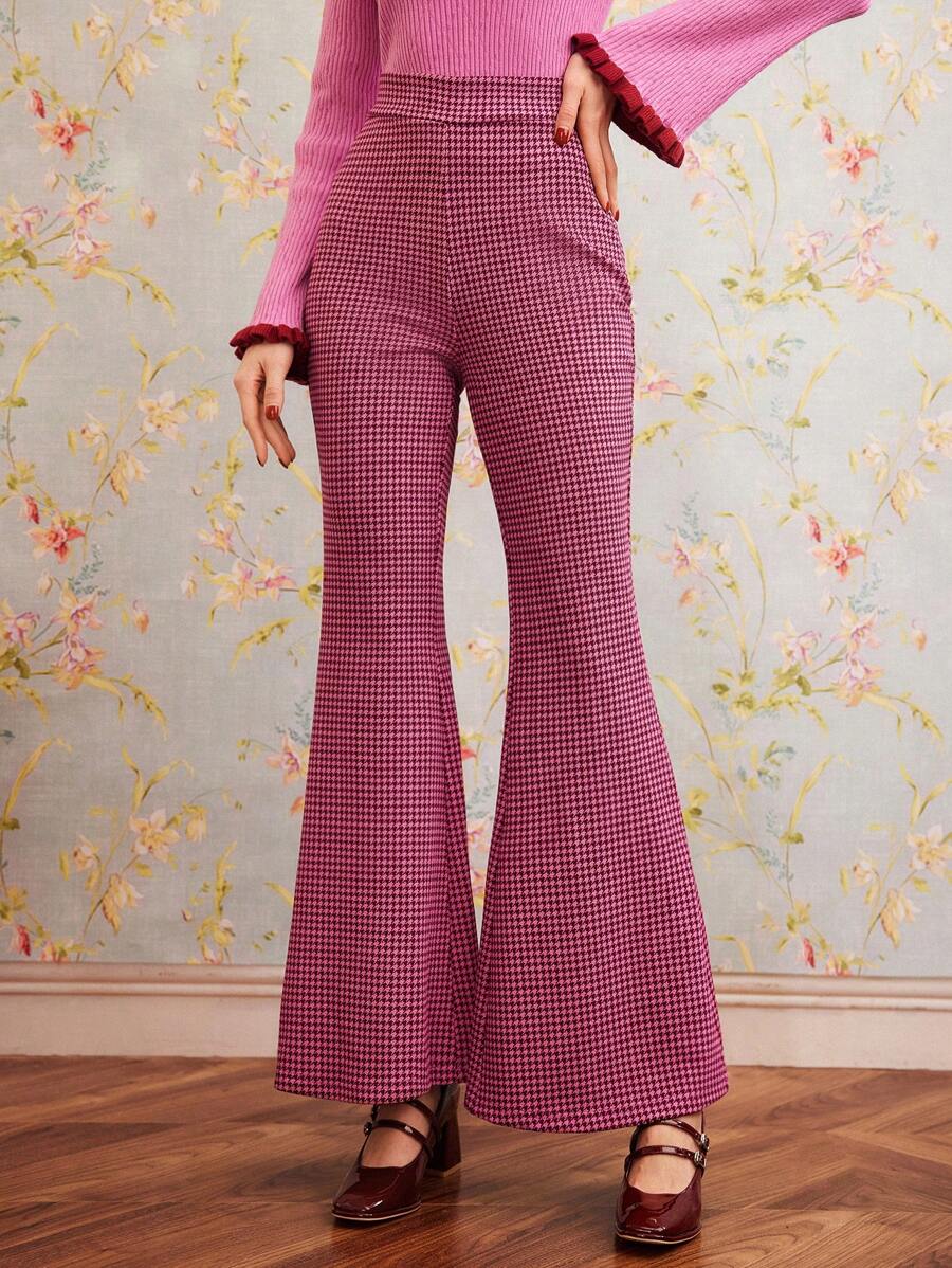 SHEIN DECDS 女士犬牙裝飾喇叭褲 - 粉色 - 查看 1