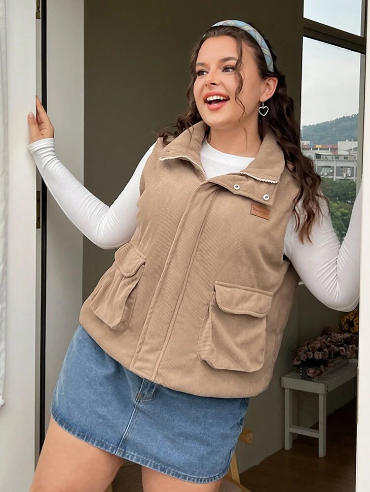Plus Size Corduroy Vest With Flap Pockets & Button Front, Padded Coat