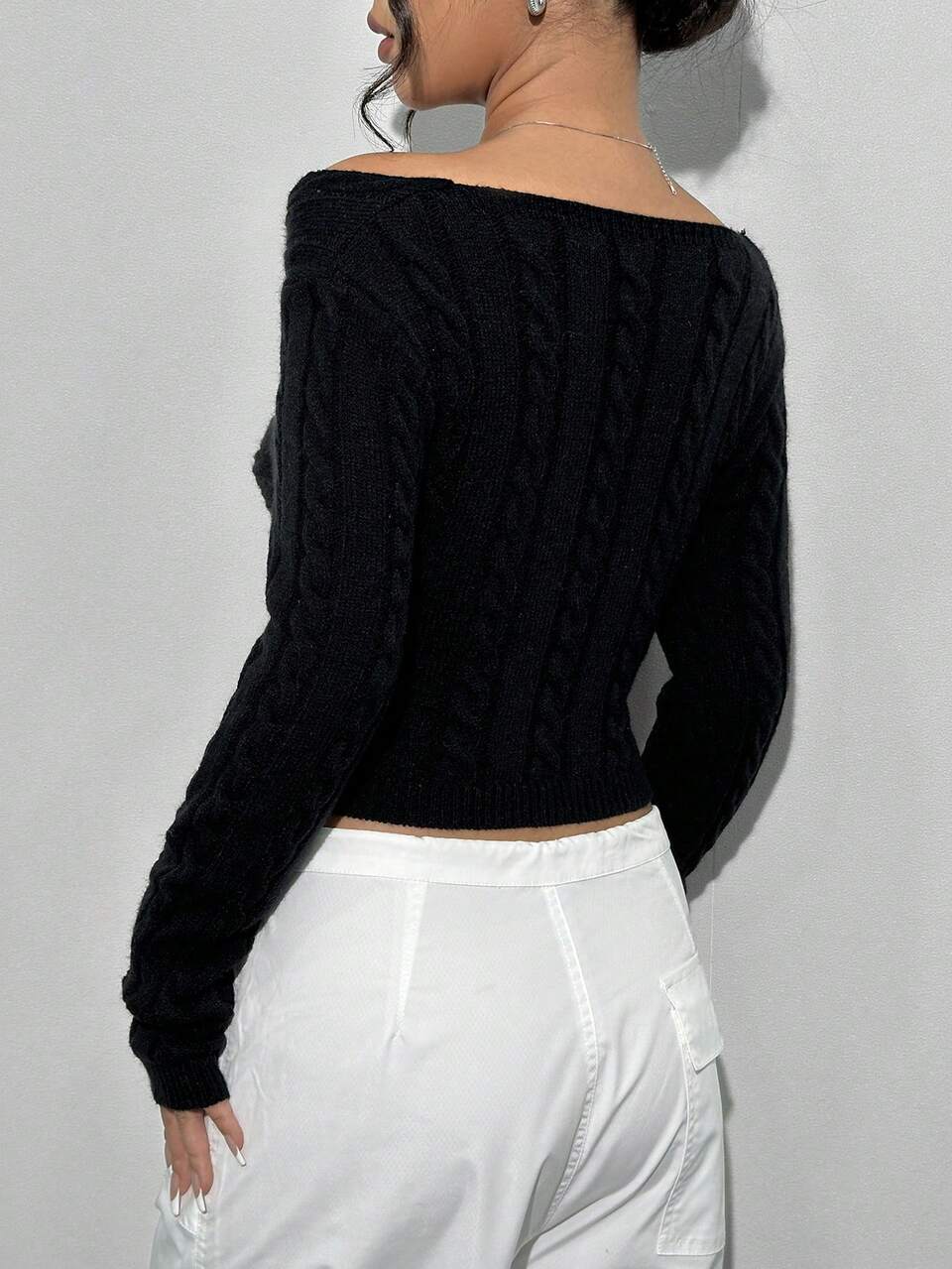 Ladies' Solid Color Short Twist Knit Sweater With Off Shoulder Cut Out Knit Pullover Fall Winter Sweater