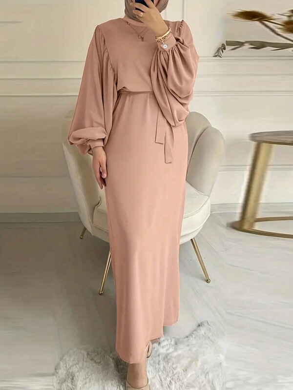 Women's Solid Color Round Neck Lantern Sleeve Belted Long Elegant Arabian Dress, Modest
