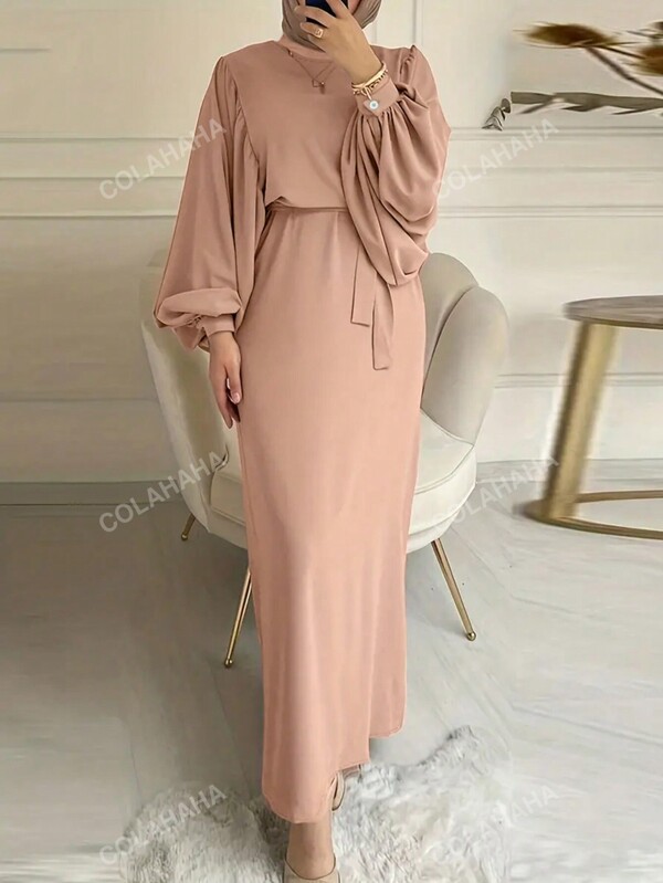Women's Solid Color Round Neck Lantern Sleeve Belted Long Elegant Arabian Dress, Modest