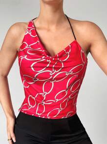 BizChic Ladies' Asymmetrical Shoulder Chain Print Sleeveless Halter Top - Multicolor - View 2