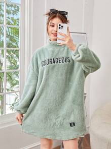 Teenage Girls' Fleece Double-Sided Embroidered Turtleneck Casual Sweatshirt With Woven Label - Mint Green - View 1