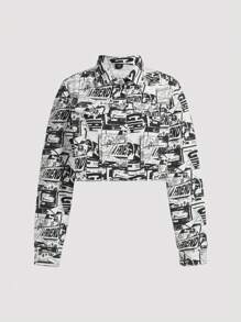 SHEIN Teen Girls' Casual Loose Fit Cartoon Printed Denim Jacket - Medium Wash - View 1