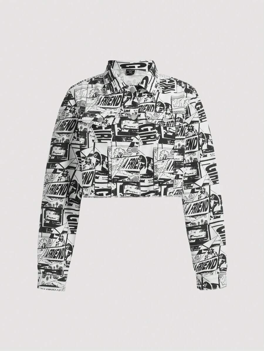 SHEIN Teen Girls' Casual Loose Fit Cartoon Printed Denim Jacket - Medium Wash - View 1