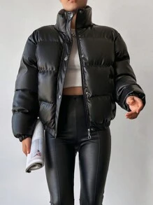 EURMUSE Slant Pocket Zip Up Puffer Coat - Black - View 4