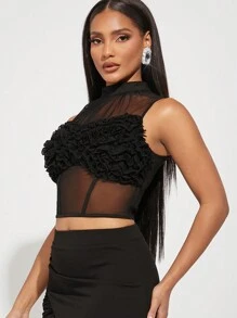 Hauture Ruffle Bust Mock Neck Crop Top
