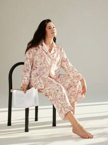 LUVLETTE Autumn And Winter Women Plus Floral Satin Long Women Pajama Set Lounge Set Fall Pajamas - Orange - View 12