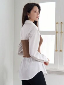 DAZY Women'S Colorblock Knitted Ribbed Shirt With Patchwork Design - Khaki - View 2