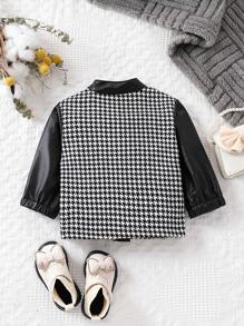 嬰兒女孩彩色方塊犬牙呢外套,帶有翻蓋口袋和pu皮革面板 - 銀色 - 查看 2