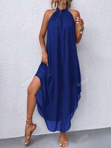 EARO Women Summer Vacation Casual Solid Color Halter Dress