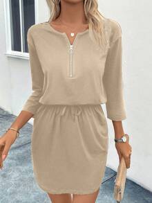 EMERY ROSE 純色半拉鍊長袖束腰連衣裙 - 卡其色 - 查看 4