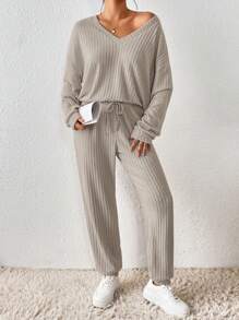 SHEIN Frenchy 女用羅紋v領落肩長袖t卹+褲子兩件套 - 卡其色 - 查看 5