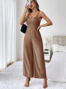 SHEIN Privé Quý cô Màu thuần Quần yếm Áo liền quần - màu nâu - Xem 6