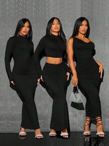 SHEIN SXY 女式褶皺魚尾立領長袖修身優雅套裝,搭配中裙 - 黑色 - 查看 3