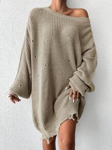 EURMUSE Pullover mit Riss Drop Shoulder Rippenstrick