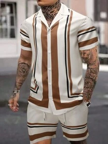 Manfinity Homme Men's Color-Block Striped Two-Piece Outfit , Vintage , Graphic , Office , Husband , Colorful