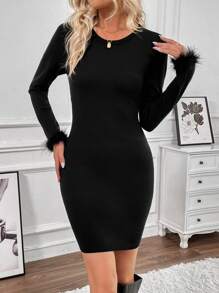 SHEIN LUNE Women'S Fitted Sweater Dress With Patchwork - Black - View 3