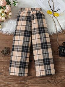 SHEIN 小女孩松身舒適格紋褲,蝴蝶結裝飾的秋季時尚寬褲 - 卡其色 - 查看 2