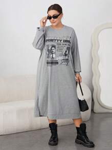 SHEIN Essnce 大碼圓領長袖連衣裙,印花圖案 - 灰色 - 查看 6