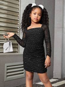 SHEIN Váy dài tay cho cô gái Tween có trang trí bằng kim cương giả - màu đen - Xem 6