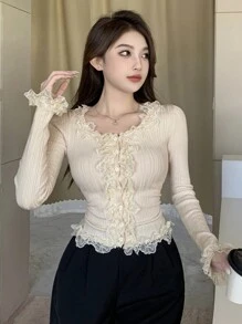 DAZY 女式撞色蕾丝纽扣开衫、长袖上衣、秋季女装 - 米色 - 查看 4