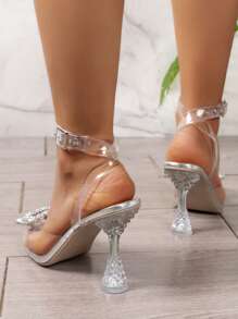 Women's Rhinestone Decor Clear High Heel Sandals, Elegant Pointed Toe Crystal Transparent High Heels 9cm For Parties, Women's Summer Closed Toe Silver Clear Heel Sandals, Clubwear,Elegant,Party - Clear - View 5