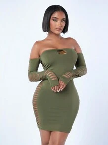 SHEIN SXY Women'S Green Off The Shoulder Hollow Out Mini Dress - Olive Green - View 7