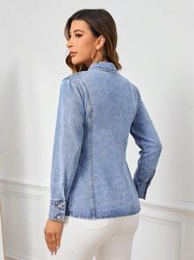 SHEIN Privé Washed Long Sleeve Denim Shirt - Light Wash - View 2