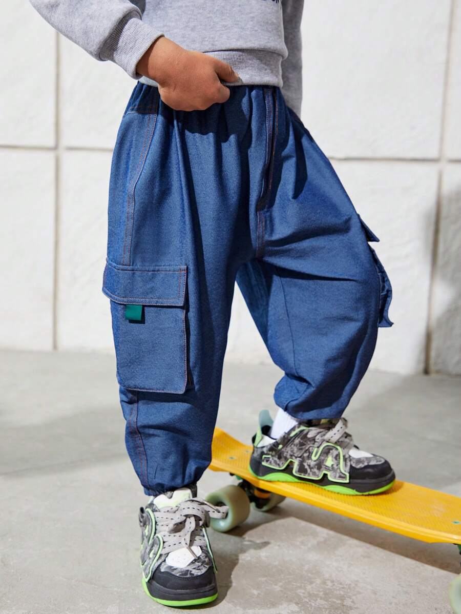 SHEIN Young Boy Casual Loose Fit Flap Pocket Jogger Pants - Light Wash - View 1