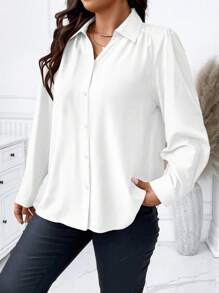 Elenzga Kích thước lớn màu trơn Tay áo dài Áo sơ mi - trắng - Xem 6