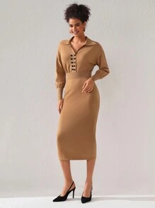 GOUGHS GRACES 设计师女士领口双纽扣前针织优雅毛衣裙，适合度假 - 卡其色 - 查看 5