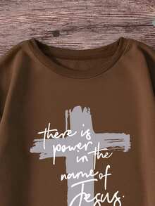 SHEIN EZwear Plus Size Women's Cross Printed Fleece Sweatshirt - Coffee Brown - View 5