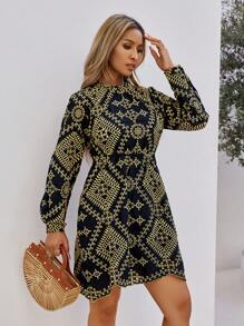 GENKIRA Ladies' Floral Print Stand Collar Long Sleeve Dress Fall Cloth For Women - Yellow - View 5