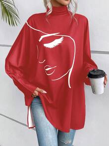 SHEIN LUNE 女士抽象人物印花蝙蝠袖上衣 - 紅色 - 查看 3