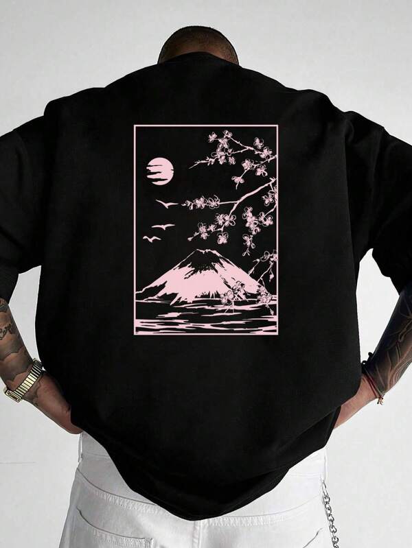 EASEVO Herren Große Größen Vintage T-Shirt mit Berg- und Mond-Grafikmuster, Kurzarm, für Ausgehen, Sommer