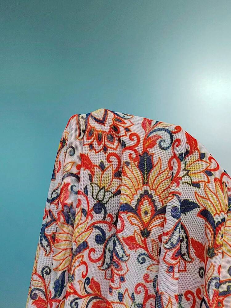 Ladies' Full Printed Fringe Trim Shawl Collar Cover Up Summer