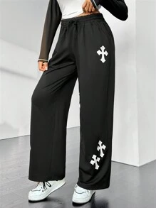 SHEIN EZwear 大號十字印花抽繩腰部斜口袋運動褲 - 黑色 - 查看 3