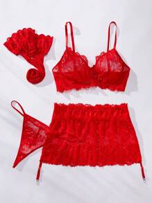SHEIN Ropa Interior De Encaje Sexy Para Mujeres De Talla Grande - Rojo - Ver 4