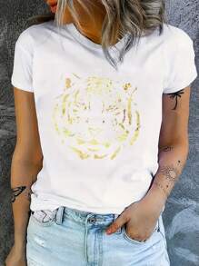 SHEIN LUNE 女士老虎燙金印花短袖t恤 - 白色 - 查看 1