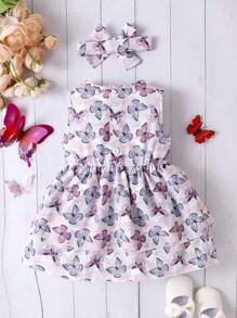 嬰幼兒女孩蝴蝶印花無袖裙套裝,附頭帶 - 彩色 - 查看 2