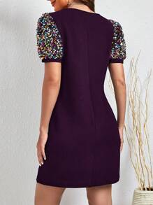 SHEIN Clasi 女士閃爍亮片拼接泡泡袖連衣裙 - 紫色 - 查看 2