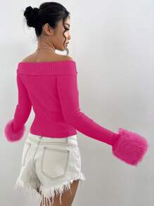 SHEIN Unity Women'S Off Shoulder Splice Sweater - Hot Pink - View 5