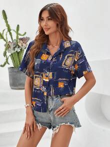 SHEIN LUNE 全身印花短袖襯衫 - 藍色 - 查看 4