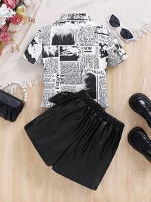 Tween Girl Casual Knitted Stand Collar Short Sleeve Top With Solid Skirt And Skorts Set - Black and White - View 2