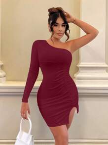SHEIN SXY Vestido ceñido de una sola manga larga con abertura lateral para mujer - Burdeos - Ver 1