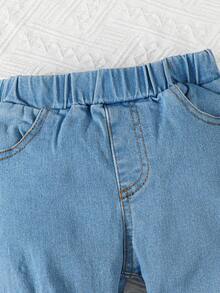 SHEIN 幼兒女童襯衫式立領上衣配蝴蝶結和荷葉袖,並搭配牛仔喇叭褲 - 彩色 - 查看 7