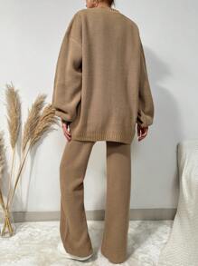 EURMUSE Drop Shoulder Cardigan & Knit Pants - Khaki - View 2