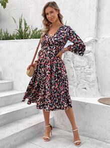 SHEIN VCAY Женское Платье С Оборками И Подолом С Принтом - Многоцветный - Посмотреть 3